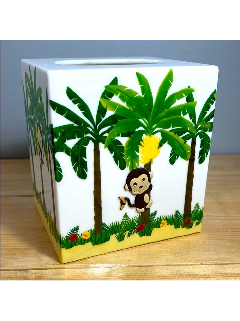 Whimsical Monkey Palm Tree Tissue Box Cover - White